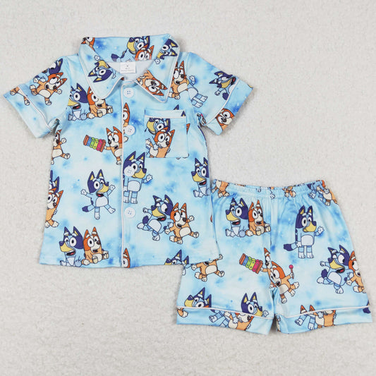 Baby Girls Pajamas Dogs Blue Buttons Shirt Shorts Pajamas Sets BSSO0817