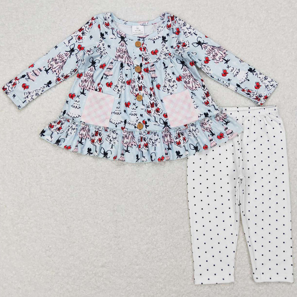 Baby Girls Clothes Christmas Tree Pocket Tunic Polka Dots Legging Pants Sets GLP0988