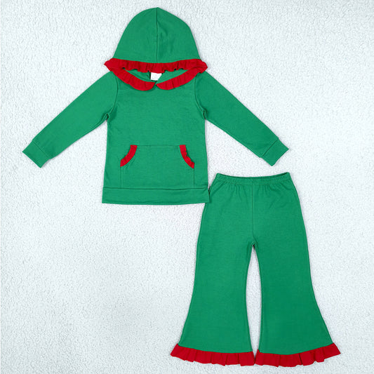 Baby Girls Clothes Green Pocket Ruffle Hoodie Bell Bottom Pant Christmas Clothes Set GLP3752