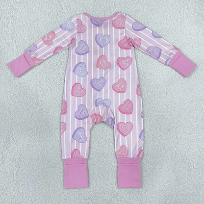 Baby Girls Pink Stripe LOVE YOU Hearts Valentines Two Way Zip Convertible Rompers LR3325