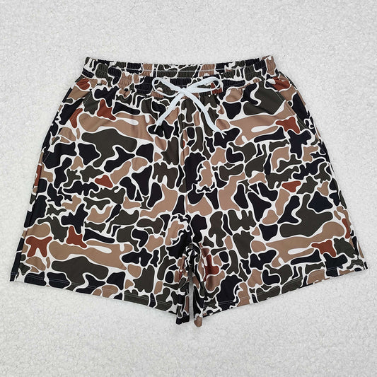 Adult Man Swim Trunk Brown Duck Camouflage Pockets Bottom Trunk Shorts Swimwear S0478