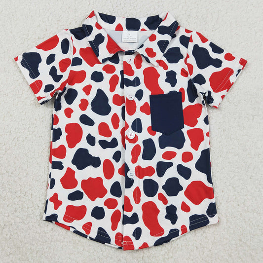 Baby Boys Clothes Red Blue Cow Print 4th of July Button Pocket Shirts Top BT1656
