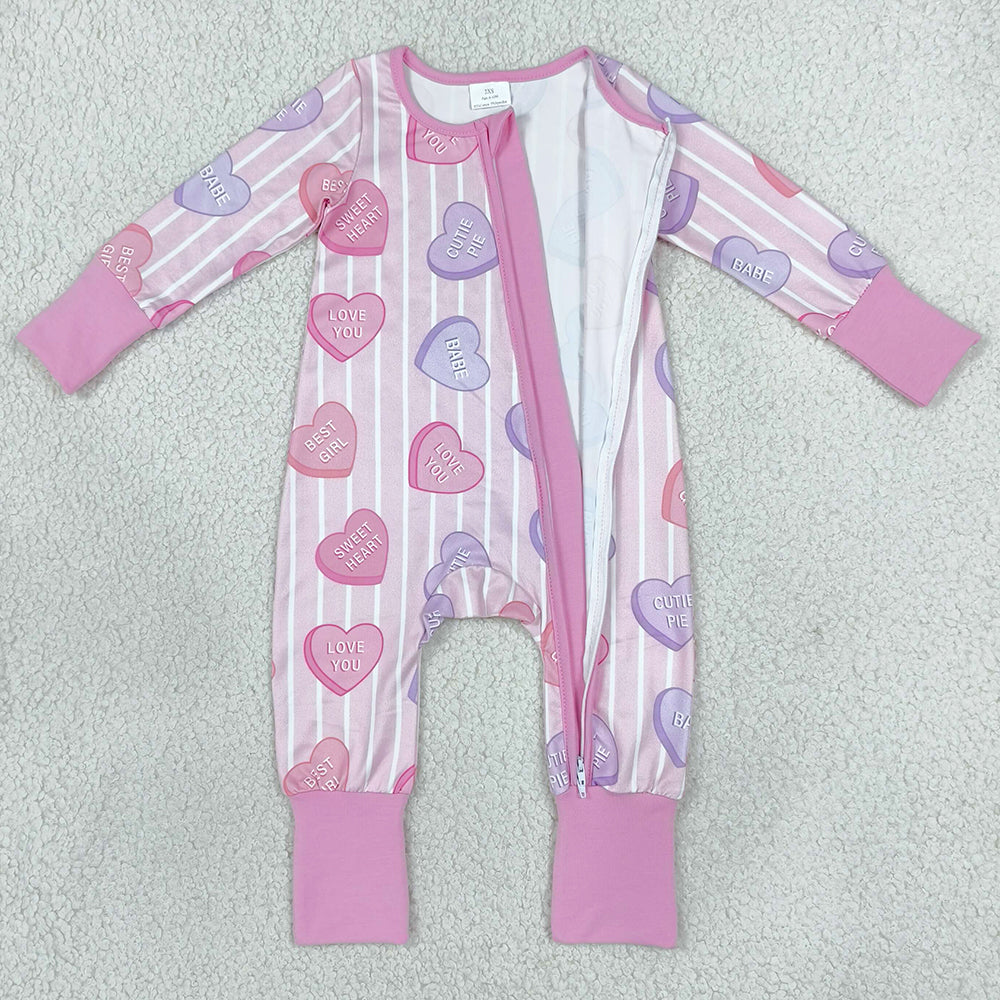 Baby Girls Pink Stripe LOVE YOU Hearts Valentines Two Way Zip Convertible Rompers LR3325