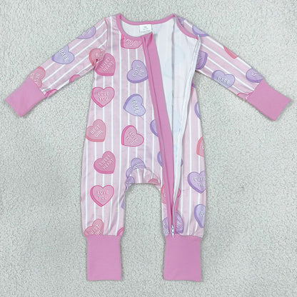 Baby Girls Pink Stripe LOVE YOU Hearts Valentines Two Way Zip Convertible Rompers LR3325
