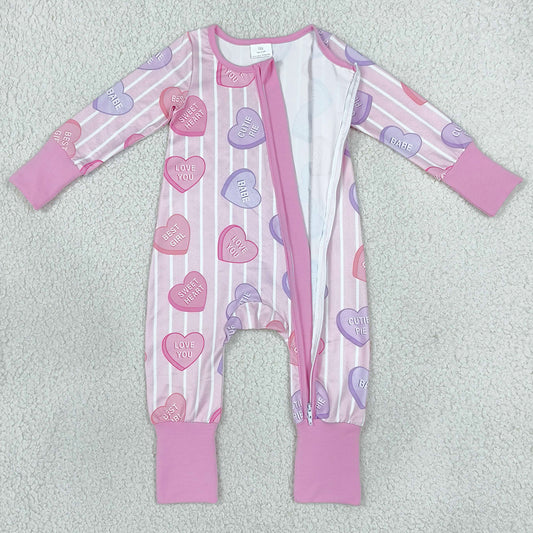 Baby Girls Pink Stripe LOVE YOU Hearts Valentines Two Way Zip Convertible Rompers LR3325
