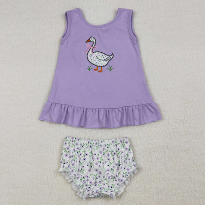 Baby Girls Clothes Embroidery Floral Goose Back Bows Tunic Bummies Clothes Sets GBO0502