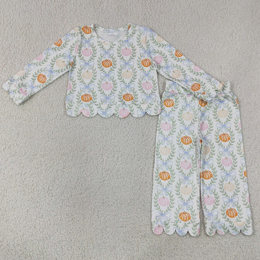 Baby Girls Clothes Flowers Pumpkins Checked Top Flare Pants Fall Scallop Clothes Sets GLP3395