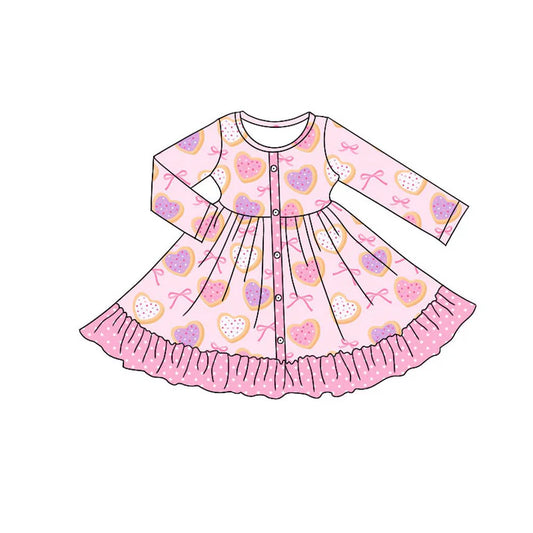 Preorder (moq 5)Baby Girls Pink Hearts Bows Button Valentine Ruffle Knee Length Dresses 9.6