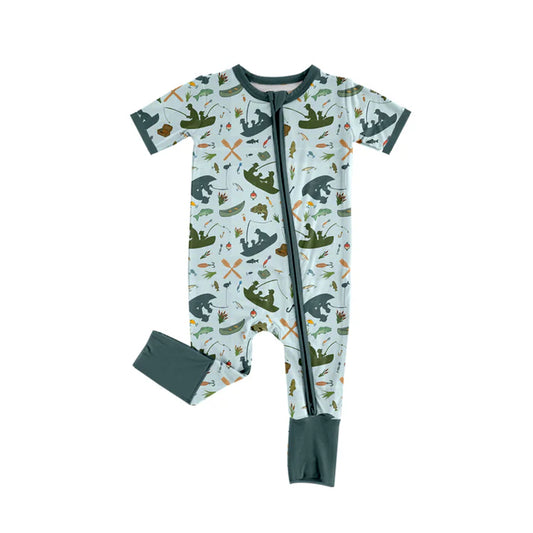 Preorder (moq 5)Baby Boys Dark Green Short Sleeves Boats Fishing Zipper Rompers 5.17