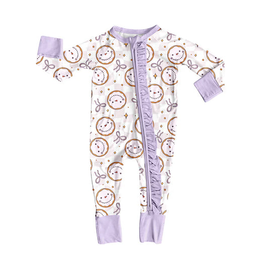 Preorder(moq 5)Baby Girls Purple Smile Bows Ruffle Zipper Footie Rompers 8.14