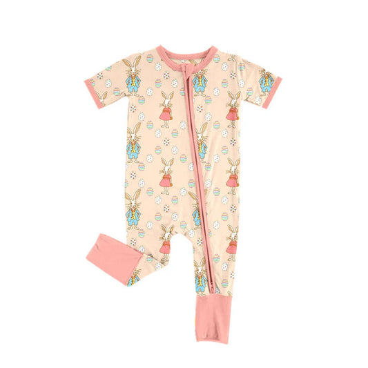 Preorder (moq 5)Baby Girls Short Sleeve Rabbits Eggs Easter Zipper Footie Rompers 10.15