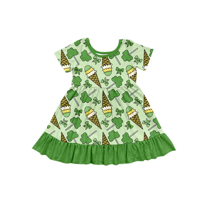 Preorder(moq 5) Baby Girls Green Clovers Ice Cream St Patrick Ruffle Knee Length Dresses 10.15