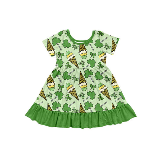 Preorder(moq 5) Baby Girls Green Clovers Ice Cream St Patrick Ruffle Knee Length Dresses 10.15