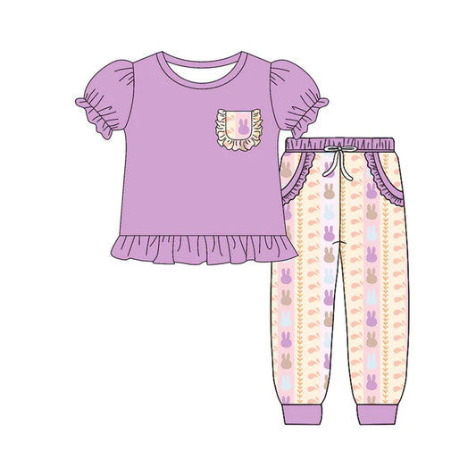 Preorder (moq 8)Baby Girls Rabbits Stripe Ruffle Top Pocket Jogger Pants Easter Clothes Sets 9.16