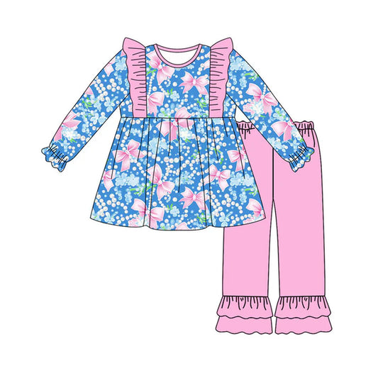 Preorder(moq 8)Baby Girls Flowers Bows Tunic Ruffle Pants Clothes Sets 9.26