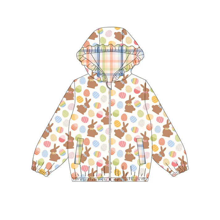 Preorder(moq 5) Baby Girls Colorful Eggs Rabbits Zipper Pockets Easter Ruffle Hoodies Top 10.30