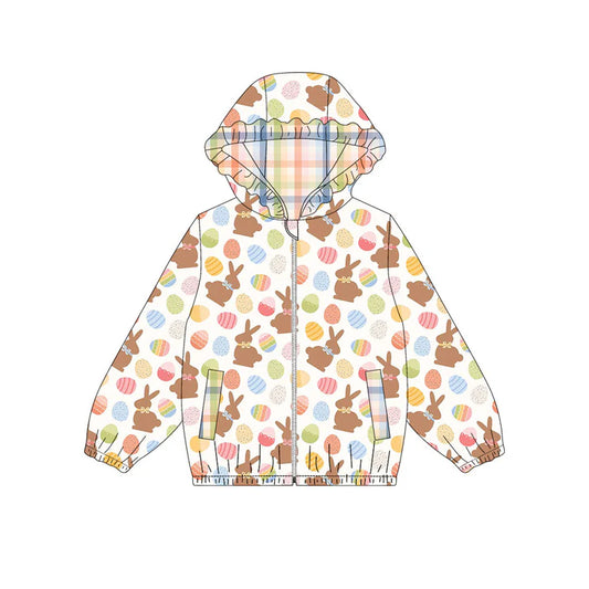 Preorder(moq 5) Baby Girls Colorful Eggs Rabbits Zipper Pockets Easter Ruffle Hoodies Top 10.30