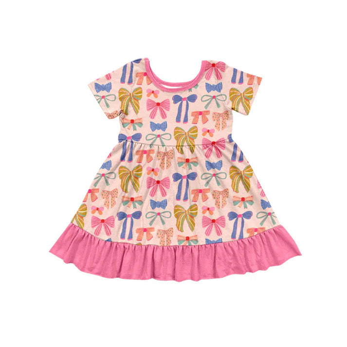 Preorder(moq 5) Baby Girls Colorful Bows Ruffle Knee Length Dresses 10.15