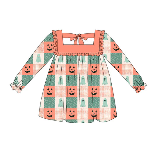 Preorder (moq 5)Baby Girls Long Ruffle Sleeves Orange Green Ghost Pumpkins Plaid Knee Length Dresses 5.20