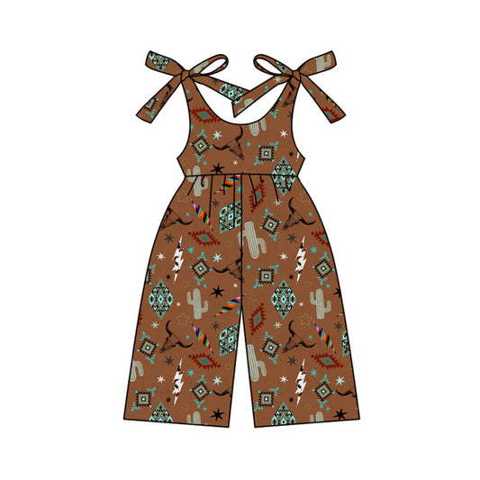 Preorder (moq 5)Baby Girls Brown Strap Cactus Bull Skull Aztec Jumpsuits 4.24