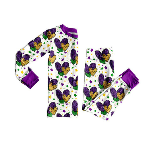 Preorder (moq 8)Baby Girls Purple Yellow Green Hearts Top Pants Mardigras Pajamas Sets 9.9