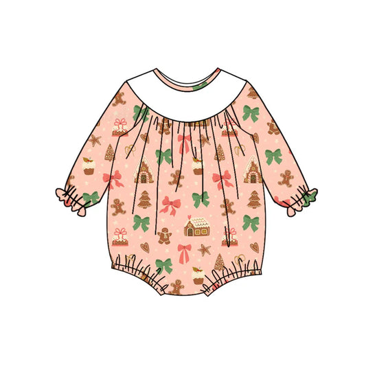 Preorder (moq 5)Baby Girls Long Sleeves Bows Gingerbread Houses Plaid Ruffle Romper 7.5