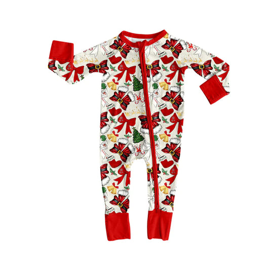 Preorder (moq 5)Baby Girls Long Sleeves Red Bows Holly Trees Plaid Zipper Romper 7.5