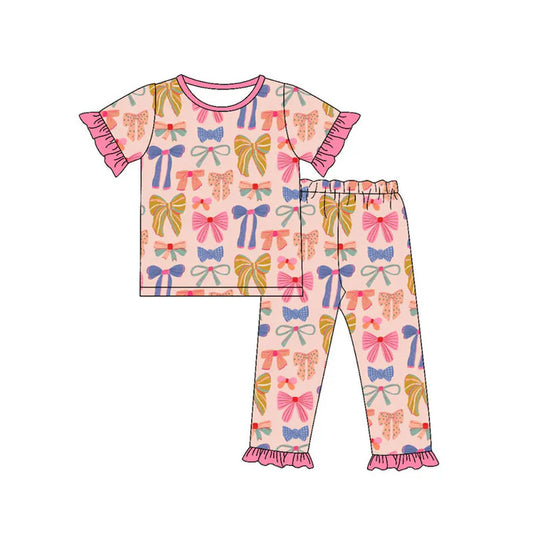 Preorder(moq 5) Baby Girls Short Ruffle Sleeve Colorful Bows Top Pants Pajamas Sets 10.15