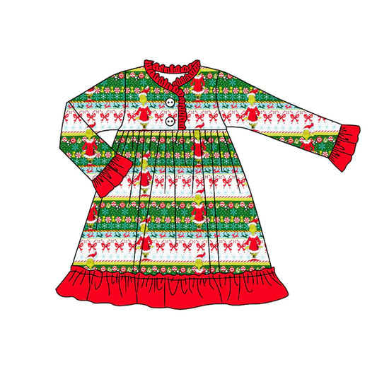 Preorder (moq 5)Baby Girls Long Ruffle Sleeves Cartoon Faces Stripes Button Knee Length Dress 7.26