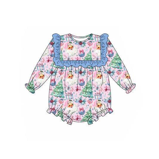 Preorder (moq 5)Baby Girls Blue Long Sleeves Santa Trees Flowers Plaid Ruffle Rompers 6.4