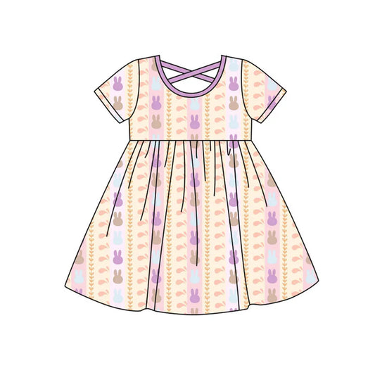Preorder (moq 8)Baby Girls Rabbits Stripe Easter Knee Length Dresses 9.16