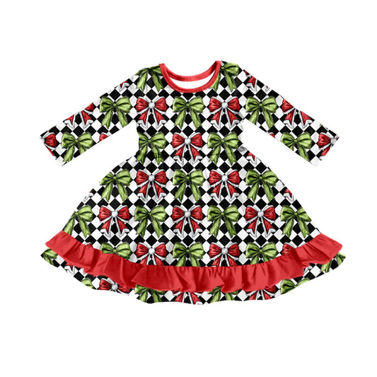 Preorder(moq 5) Baby Girls Long Sleeves Green Red Bows Plaid Ruffle Knee Length Dresses 7.24