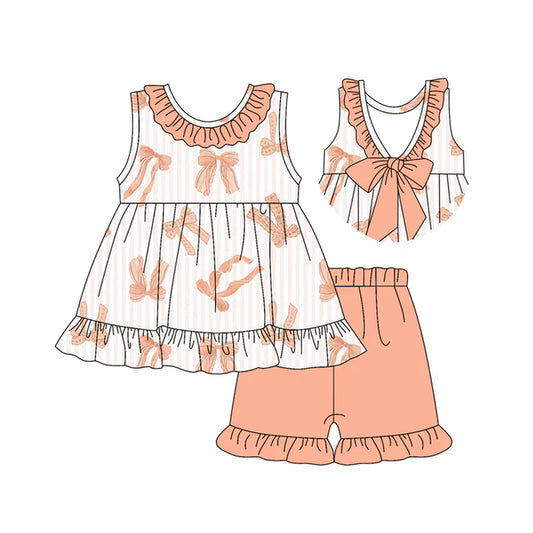 Preorder moq 5 Baby Girls Sleeveless Peach Bows Tunic Ruffle Short Set 4.19