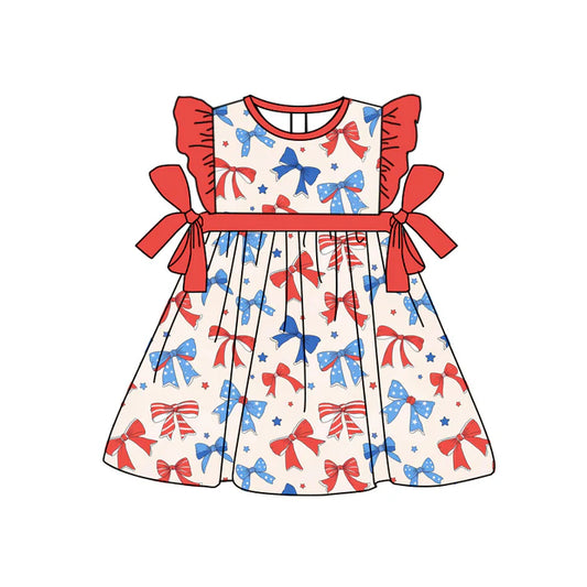 Preorder moq 5 Baby Girls Red Flutter Sleeves Stars Bows 4th Of July Knee Length Dresses 4.22