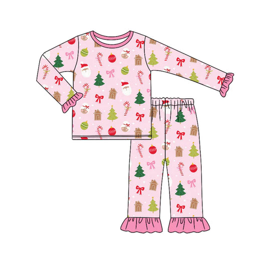 Preorder (moq 5)Baby Girls Pink Long Ruffle Sleeves Santa Candy Cane Top Pant Pajamas Set 6.18