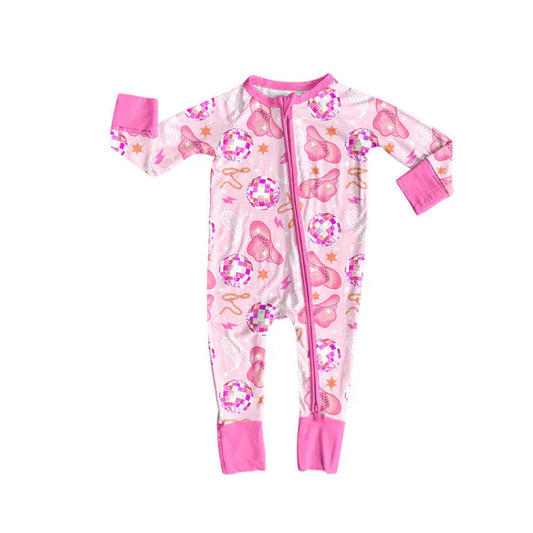 Preorder (moq 8)Baby Girls Pink Hats Stars Western Zipper Footie Rompers 9.11