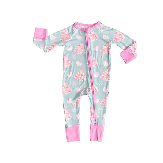 Preorder (moq 5)Baby Girls Light Pink Long Sleeves Cakes Trees Zipper Rompers 6.4