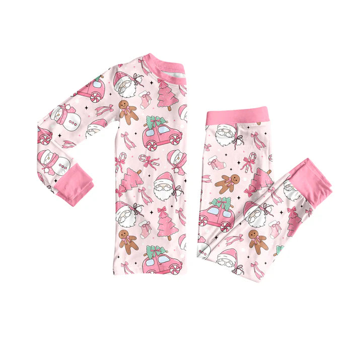 Preorder (moq 5)Baby Girls Long Sleeves Pink Santa Cars Top Pant Pajamas Sets 6.11