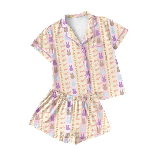 Preorder (moq 8)Baby Girls Rabbits Stripe Button Pocket Top Shorts Easter Pajamas Sets 9.16