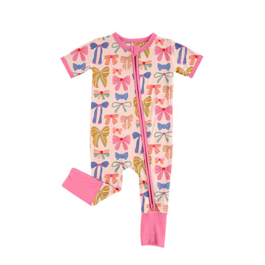 Preorder (moq 5)Baby Girls Short Sleeve Colorful Bows Zipper Footie Rompers 10.15