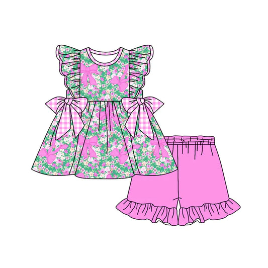 Preorder moq 5 Baby Girls Flutter Sleeves Pink Bows Floral Tunic Ruffle Short Set 4.19