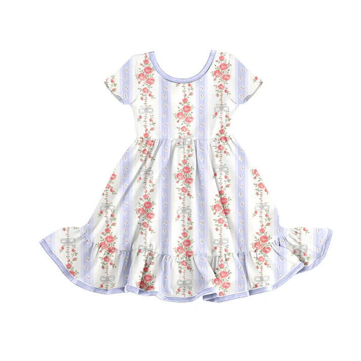 Preorder(moq 5) Baby Girls Lavender Flowers Bows Stripe Ruffle Knee Length Dresses 10.18