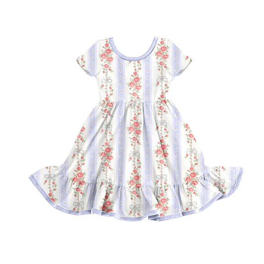 Preorder(moq 5) Baby Girls Lavender Flowers Bows Stripe Ruffle Knee Length Dresses 10.18
