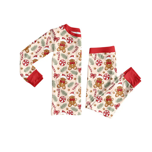 Preorder (moq 5)Baby Girls Red Long Sleeves Gingerbread Candy Cane Top Pant Pajamas Set 6.2