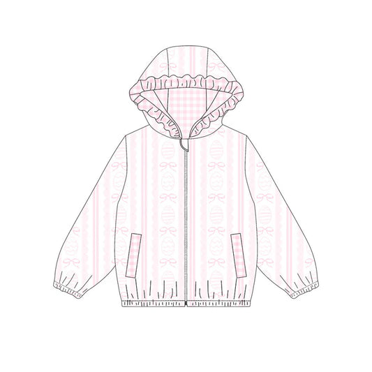 Preorder(moq 5) Baby Girls Pink Eggs Bows Stripe Zipper Pockets Easter Ruffle Hoodies Top 10.30