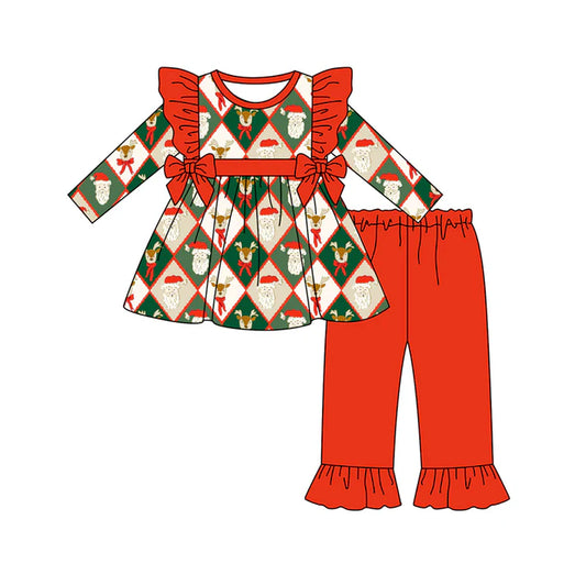 Preorder (moq 5)Baby Girls Long Sleeves Santa Deer Plaid Bows Tunic Red Ruffle Pant Set 6.18