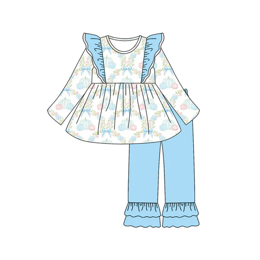 Preorder (moq 5)Baby Girls Long Sleeves Bows Pumpkins Plaid Tunic Blue Ruffle Pant Set 6.18