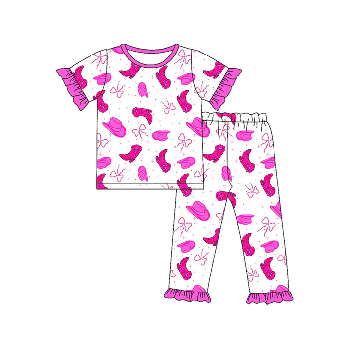 Preorder (moq 5)Baby Girls Hot Pink Boot Hat Bows Top Ruffle Pants Western Pajamas Sets 11.26