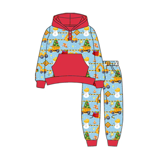 Preorder(moq 5) Baby Boys Long Sleeves Excavators Pockets Button Hoodies Pants Set 7.23