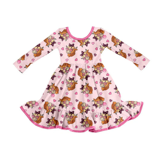 Preorder (moq 8)Preorder(moq 8)Baby Girls Pink Hearts Highland Cows Valentine Ruffle Knee Length Dresses 9.25